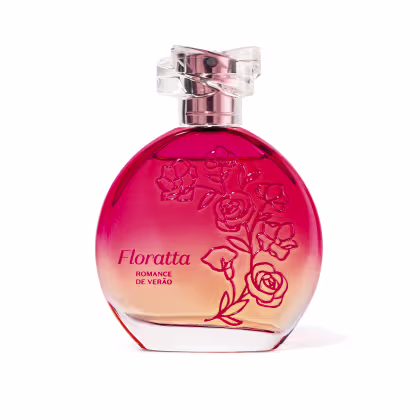 Frasco de perfume Floratta Romance de Verão, com design floral em relevo e cores vibrantes de rosa e laranja, com rótulo destacando o nome da fragrância.