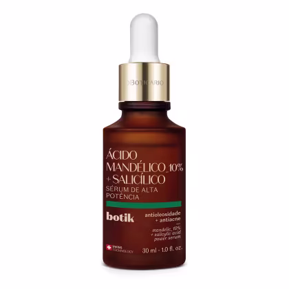 Frasco de vidro âmbar com tampa conta-gotas dourada e branca. Rótulo com texto indicando ter propriedades antioleosidade e antiacne. Embalagem de 30ml e design minimalista.