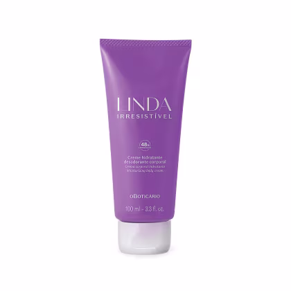 Creme hidratante desodorante corporal da marca Linda Irresistível. Embalagem na cor roxa com o nome do produto "Linda Irresistível" em letras brancas,