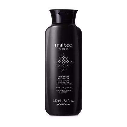 Shampoo antiqueda da marca Malbec. Embalagem preta de 250 ml. O frasco apresenta ilustração com um padrão de bolinhas brancas formando um círculo no centro.