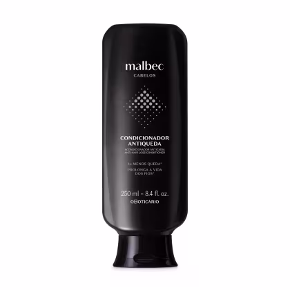 Condicionador antiqueda Malbec Cabelos em embalagem plástica preta fosca de 250ml. Rótulo preto com texto branco "Malbec Cabelos" e "Condicionador Antiqueda". Traz desenho com padrão de bolinhas brancas formando um losango no centro.
