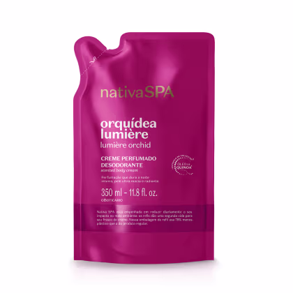 Creme perfumado desodorante Nativa SPA Orquídea Lumière em embalagem plástica rosa com rótulo destacando o nome do produto e ingredientes.