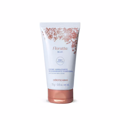 Creme hidratante desodorante corporal Floratta Blue. Embalagem de plástico branca e marrom, com detalhes florais impressos em tom rosado. Rótulo com o nome do produto "Floratta Blue", descrição "Creme Hidratante Desodorante Corporal".