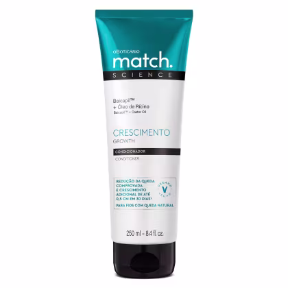 A imagem mostra um produto da linha Match de O Boticário para o crescimento capilar. É um condicionador chamado "Baicapil Crescimento" que contém óleo de rícino (Baicapil). O frasco é azul e branco e o tamanho do frasco é de 250ml.
