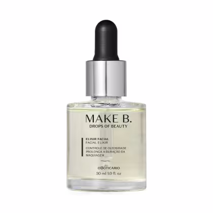 O produto mostrado na imagem é um elixir facial da marca Make B. Drops of Beauty. O frasco é de vidro transparente com um conta-gotas preto no topo. O rótulo do produto apresenta o nome "Make B." "Elixir Facial" e informações sobre o produto em português.