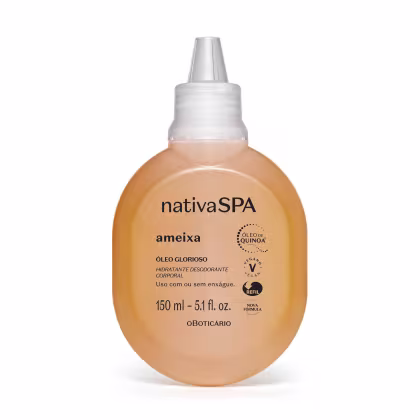 Frasco de 150 ml de óleo corporal hidratante e desodorante da linha Ameixa da Nativa SPA, com rótulo em tons de laranja e branco, contendo informações sobre os ingredientes e modo de uso.