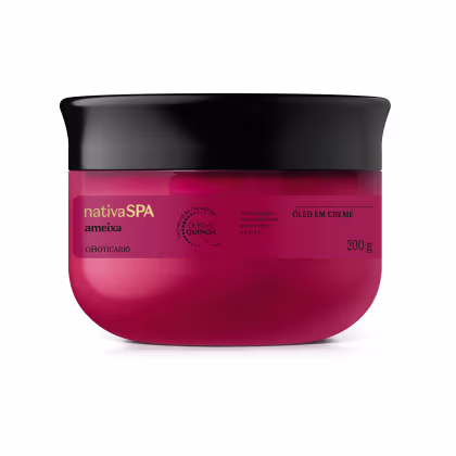 Creme corporal da linha Nativa SPA Ameixa, com textura que se transforma na pele. Embalagem preta e rosa, com rótulo indicando o óleo de quinoa como ingrediente.