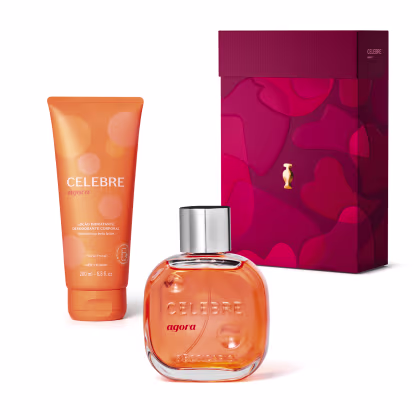 Um kit de produtos da marca Celebre, incluindo um frasco de fragrância laranja e uma embalagem vermelha com detalhes em dourado, contendo um desodorante corporal com fragrância floral.