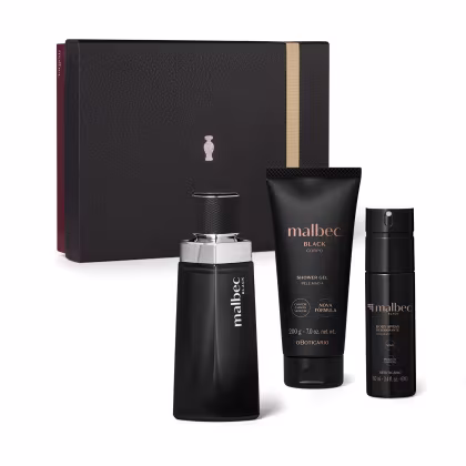 Caixa preta de presente contendo frasco de Malbec Black, tubo de gel de banho e desodorante spray da mesma linha, com detalhes em dourado e prata.