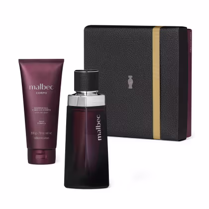 O kit Malbec inclui uma fragrância e um tubo de gel de banho, ambos em embalagens pretas e marrons. Ambos os produtos são apresentados em uma caixa preta com detalhes em couro e fita dourada.