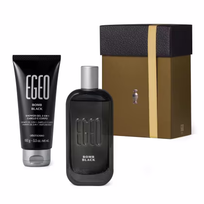 Kit de produtos de beleza da marca Egeo, incluindo um frasco Bomb Black e um tubo de gel de banho 2 em 1 Bomb Black, em embalagens pretas e douradas com detalhes em fita amarela.