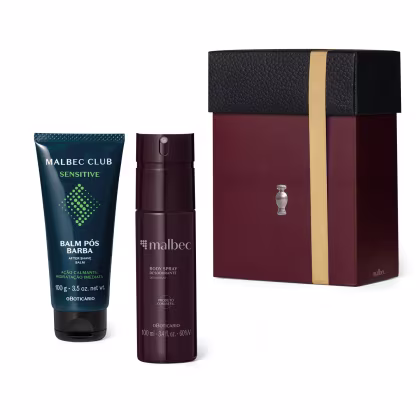 Caixa de presente Malbec contendo um bálsamo pós-barba Sensitive de 100g em embalagem azul e um desodorante corporal Malbec em frasco roxo de 100ml.