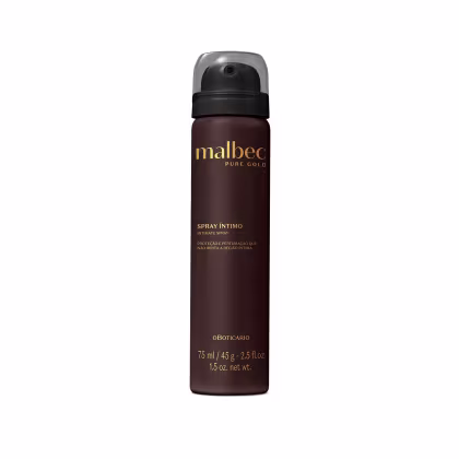 Frasco de spray íntimo da marca Malbec Pure Gold, com embalagem marrom escura e rótulo dourado destacando o nome da marca. O produto é apresentado em formato de aerossol com 75 ml de volume.