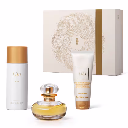 Conjunto de produtos Lily composto por frasco de perfume, frasco de creme hidratante e caixa decorativa com ilustração floral em tons de dourado e bege.