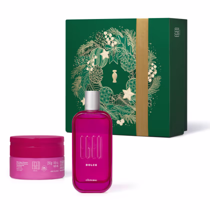 Caixa verde com detalhes dourados contendo um frasco de perfume rosa e um pote de creme corporal rosa da marca Egeo, com rótulos indicando os produtos "Dolce" e "Egeo".