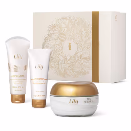 Conjunto de produtos de beleza Lily, incluindo um frasco de sabonete líquido, dois tubos de gel hidratante e um pote de creme, todos em embalagens brancas e douradas com detalhes decorativos.