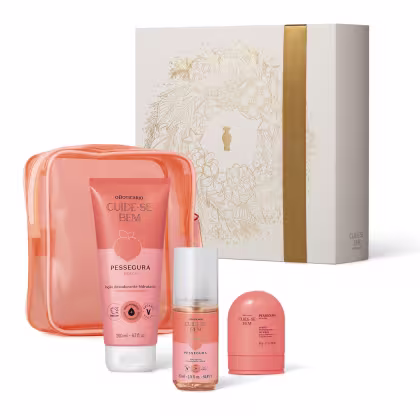 Conjunto de produtos de beleza da linha Cuide-se Bem, incluindo um frasco de loção desodorante hidratante, um frasco de óleo corporal e um desodorante sólido, todos em embalagens com design floral e detalhes dourados.