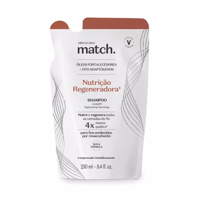 Embalagem de shampoo da marca Match, com design minimalista em tons de branco e marrom. Rótulo destaca "Nutrição Regeneradora" e "Nova Fórmula". Produto apresentado em frasco de 250 ml.