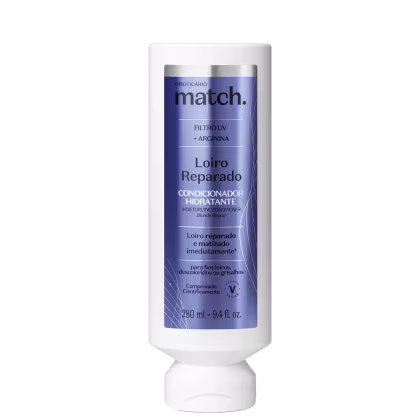 Frasco branco de condicionador hidratante da marca Match, com rótulo azul e prata destacando os ingredientes "Filtro UV" e "Arginina". Produto para cabelos loiros reparados e matizados.