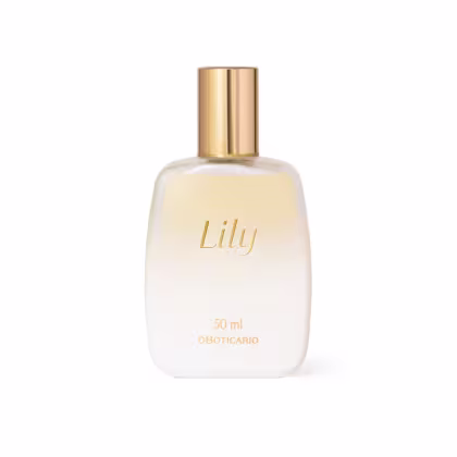 Frasco de fragrância Lily de 50 ml com embalagem branca e detalhes dourados, incluindo o nome da marca em destaque na parte frontal.