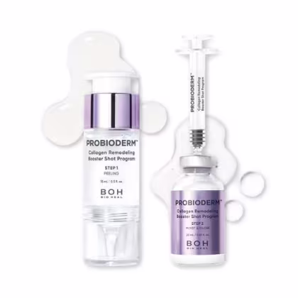 Bio Heal BOH Probioderm Collagen Remodeling Booster Shot Program, com embalagens brancas e roxas, exibindo rótulos e informações sobre os passos do programa.