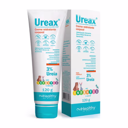 Creme hidratante corporal Ureax da marca Healthy, em embalagem de tubo de 120g, com rótulo em tons de azul e branco, destacando a presença de 3% de ureia na fórmula, indicado para peles secas ou sensíveis.
