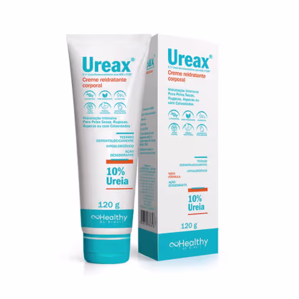 Creme hidratante corporal Ureax da marca Healthy do Brasil, em embalagem de tubo branco e azul com 120g, contendo 10% de ureia em sua fórmula, indicado para peles secas, rugosas, ásperas ou com calosidades.