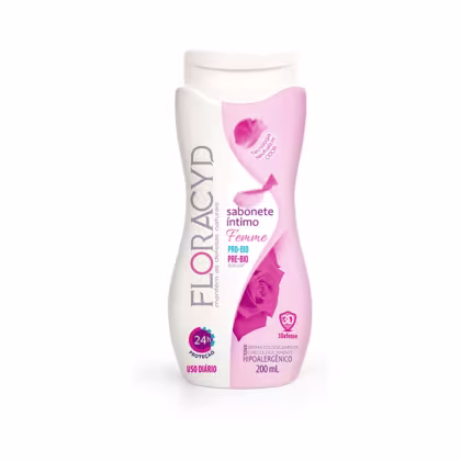 Sabonete íntimo feminino Florady, embalagem branca e rosa, com rótulo indicando ser um produto Pro-Bio, com proteção de 24h e uso diário.