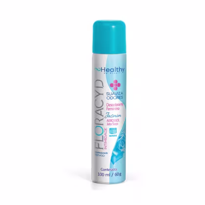 Frasco de desodorante feminino Healthy, com embalagem branca e azul, rótulo indicando "Suaviza Odores" e "Jasmin Aerosol Jato Seco", contendo 100 ml / 60 g do produto.