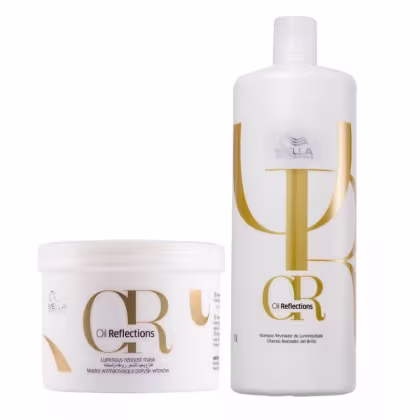 Kit com shampoo e máscara Oil Reflections, da marca Wella Professionals.