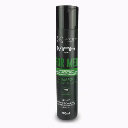 Frasco preto de shampoo da linha Max Care for Men da marca In Voga, com 280 mL de capacidade. O rótulo apresenta o nome do produto, "Shampoo Cabelo e Barba", e destaca ingredientes como extrato de alecrim, óleo de melaleuca e mentol.