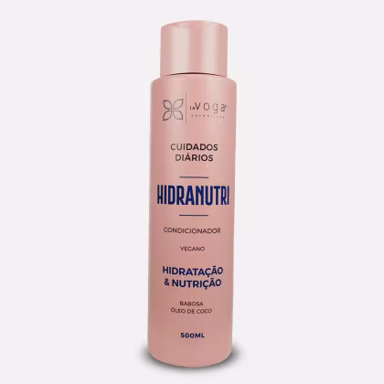 Frasco rosa de 500ml do condicionador Hidranutri da marca In Voga, com rótulo destacando os benefícios de hidratação e nutrição para os cabelos, além de mencionar que o produto é vegano.