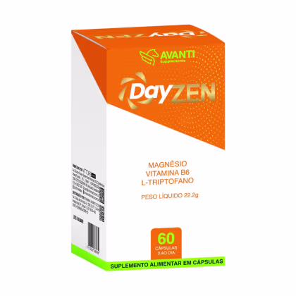 Caixa laranja da linha Dayzen da Avanti Supplements, contendo 60 cápsulas de magnésio, vitamina B6 e L-triptofano, com peso líquido de 22,2g.