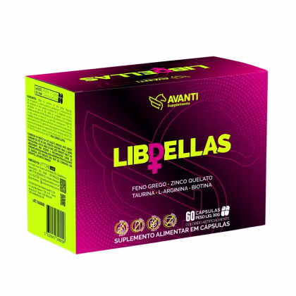 Caixa de suplemento alimentar Avanti Supplements chamado "Libdellas", contendo 60 cápsulas. A embalagem é predominantemente rosa e amarela, com informações sobre os ingredientes como feno grego, zinco, taurina e L-arginina.