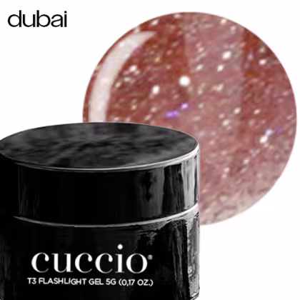 Gel para construção de unhas com o nome "T3 Flashlight Gel 5G" impresso no frasco preto. O frasco é redondo e possui uma tampa preta. Ao lado do frasco, há uma esfera brilhante e translúcida, que parece ser uma amostra do produto.