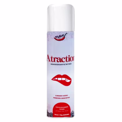 O produto é um desodorante íntimo da marca Chillies, chamado "Atraction". A embalagem é um frasco aerossol branco com rótulo vermelho e branco, destacando o nome do produto e um desenho de lábios vermelhos.