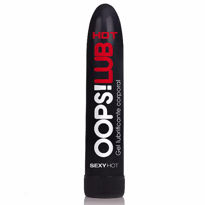 O produto apresentado na imagem é um gel lubrificante íntimo da marca Sexy Hot. A embalagem é um tubo preto com o texto "HOT" em vermelho e "SEXY HOT" em branco. O produto é descrito como um gel lubrificante corporal.