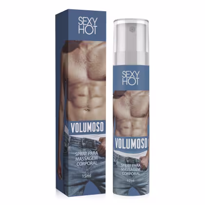 Spray para massagem corporal da marca Sexy Hot, com o nome "Volumoso". A embalagem contém 15ml. O rótulo exibe uma imagem de um torso masculino musculoso, enfatizando o aspecto "sexy" e "quente".