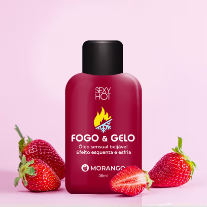 Óleo sensual da marca Sexy Hot, com o nome "Fogo & Gelo". A embalagem é um frasco de vidro vermelho com um rótulo preto, exibindo o nome do produto e a marca. Ao lado do frasco, há algumas morangos frescos, complementando a imagem do produto.