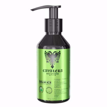 Frasco de bálsamo para barba da marca Cavalera, com design em tons de verde e preto, contendo 150g do produto. O rótulo apresenta o nome da marca e a descrição "Balm Ice - Bálsamo para barba".