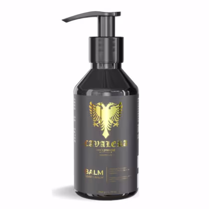 Frasco de bálsamo para barba da marca Cavalera, com design preto e dourado.