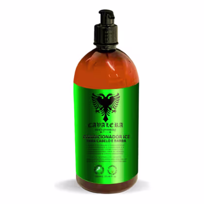 Frasco de condicionador para cabelo e barba da marca Cavalera, com embalagem verde e laranja, contendo informações sobre o produto em rótulo.