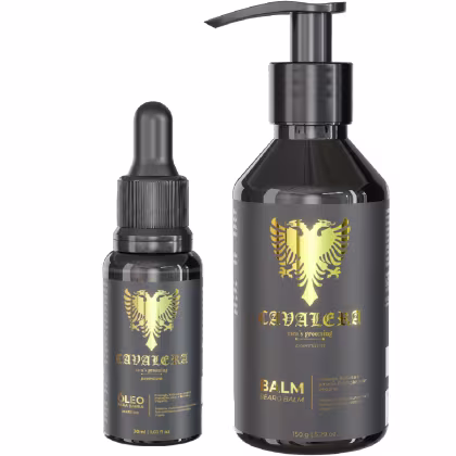 Dois produtos de beleza da marca Cavalera: um frasco de óleo para barba com conta-gotas e um frasco de bálsamo para barba com bomba dosadora, ambos em embalagens pretas com detalhes dourados e o logotipo da marca.