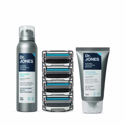 Há um frasco de espuma de barbear cinza com rótulo em azul e branco. Ao lado, 4 cabeças de lâmina de barbear "The Razor 4". Também há um tubo de gel pós-barba energizante cinza com rótulo azul e branco.