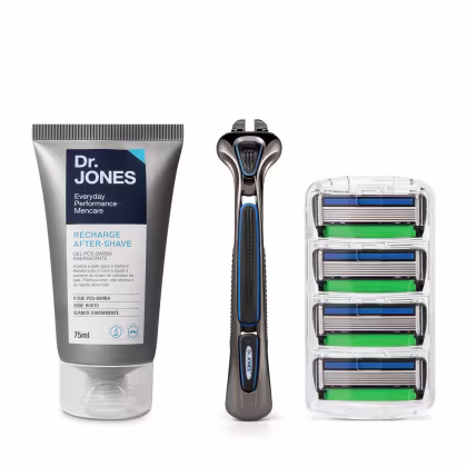 A imagem mostra produtos para barbear da marca Dr. Jones. Inclui um gel pós-barba de 75ml, cabo de aparelho de barbear e quatro cartuchos de lâminas de barbear.