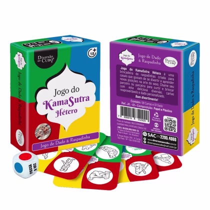 Caixa de jogo de cartas e dados com ilustrações eróticas, chamado "Jogo do Kamasutra Hétero", com embalagem colorida em verde, roxo e vermelho.