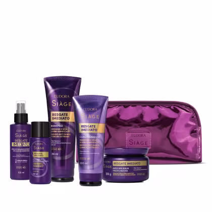 Conjunto de produtos da linha Siàge Resgate Imediato da marca Eudora. Inclui  shampoo, condicionador, máscara capilar, água lamelar, leave-in e necessaire, todos na cor roxa metálica.