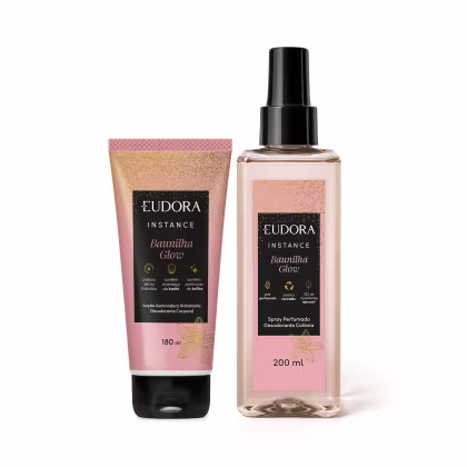 A imagem mostra produtos "Baumilha Glow" da marca Eudora Instance. Consiste em um spray perfumado desodorante colônia em um frasco transparente de 200 ml e um loção iluminadora hidratante desodorante corporal em um tubo plástico rosa de 180 ml.