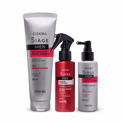 Shampoo Eudora Siàge Men Estimula o Crescimento, Tônico Capilar Eudora Siàge Men Estimula o Crescimento e Ativador de Cachos Eudora Siàge Men Cachos e Crespos.