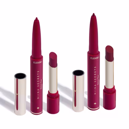 Batom com dupla função, uma ponta tem lapiseira para contorno e na outra ponta um batom bala cremoso.